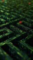 Wall Mural - a digital maze teeming with glowing green code, a single red virus particle navigating through the l