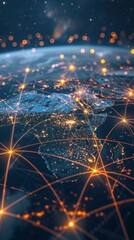 Wall Mural - a global map with pulsating beams of light representing major data arteries, converging on cloud hub