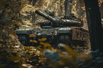 Sticker - A low-angle shot of an Military tank M1 Abrams camouflaged in forest colors, partially concealed by dense undergrowth Sunlight filters