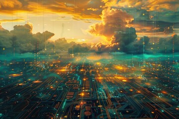 Wall Mural - a vast, abstract circuit board landscape, pulses of energy flowing along pathways, with imposing fir