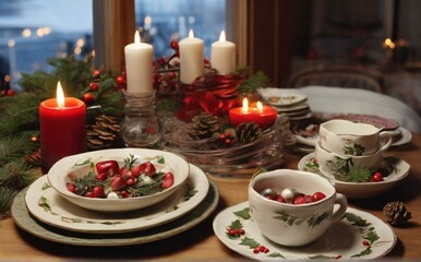 Wall Mural - christmas table setting with candles