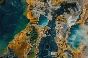 Wall Mural - Aerial view of a geothermal landscape, colorful hot springs, steaming geysers, and rugged rock formations