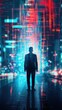 © HDP-STUDIO - Silhouette of a man in a suit standing amidst a futuristic neon cityscape, representing technology and modernity at its finest.