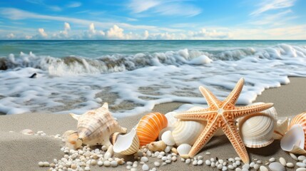 Wall Mural - Summer vacation background, seashells and starfish on the beach