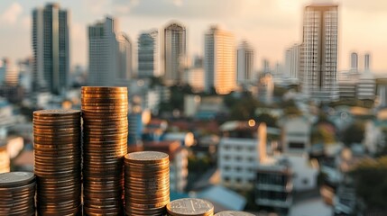 Stacks of coins with a cityscape background, symbolizing financial growth and urban development.