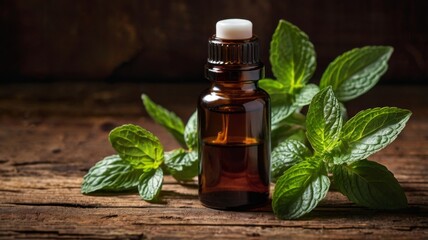 Peppermint Oil: A dark amber bottle of peppermint oil with a dropper cap, surrounded by a few sprigs of fresh peppermint leaves. The scene is set on a rustic wooden table, providing a fresh, natural f