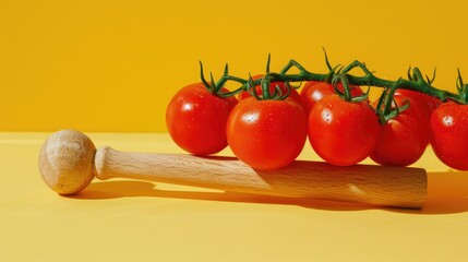 Wall Mural - Tomatoes arranged on pestle with yellow background