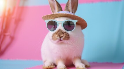 Wall Mural - Cool Bunny in Sunglasses and a Straw Hat