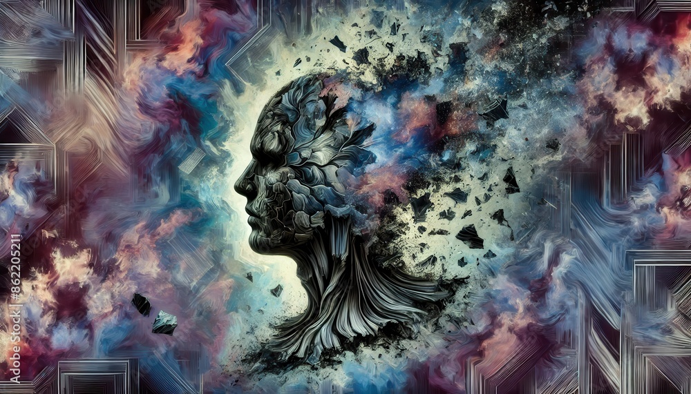Abstract digital art featuring a fragmented human head dissolving into ...