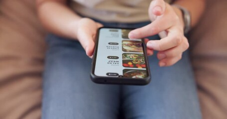 Aufkleber - Smartphone, food delivery and hand scroll take out menu in home for e commerce, choice and dinner selection. Mobile tech, meal order app and person or customer search online, for catalog and decision