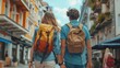 © nicole - Summer Adventure: Rear View Portrait of Young Caucasian Tourist Couple with Backpacks Exploring the City