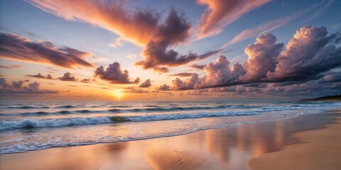 Wall Mural - Serene Sunset Beach with Vibrant Sky and Calm Ocean