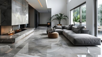 Minimalist floor tiles with a sleek geometric design in soft gray tones