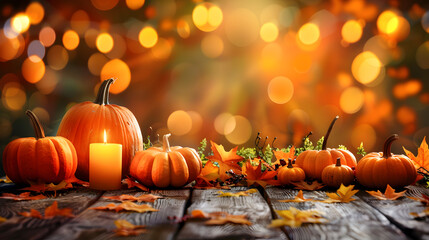 Sticker - A spooky forest with glowing pumpkins on wooden table, surrounded by autumnal foliage and warm candlelight, Halloween concept.