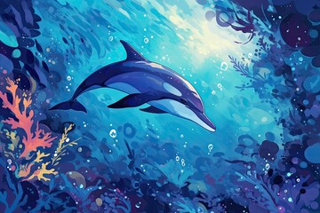 Dolphin in the sea in anime style