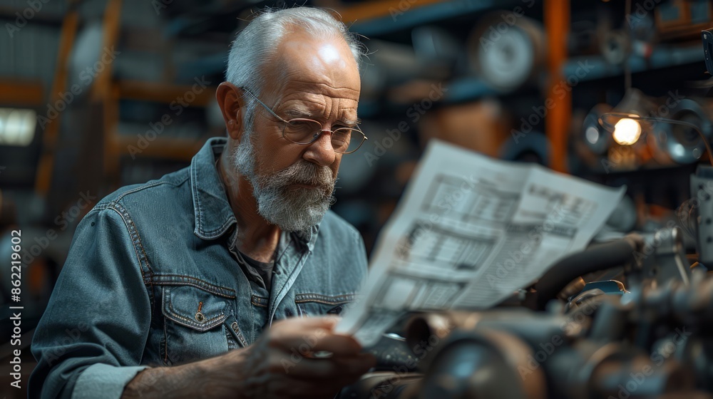 mechanic reviewing engine schematics and diagrams, planning repairs ...