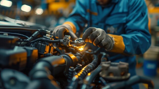mechanic using a borescope to inspect internal engine components, in a garage that utilizes advanced technology for detailed diagnostics, reflecting innovation and thoroughness in vehicle maintenance