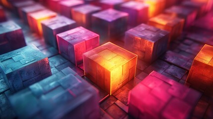 Glowing abstract cubes in a neon grid pattern, digital 3d render. futuristic technology and innovation concept