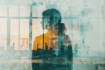 Double exposure image of a person facing sideways combined with industrial factory scene, creating a palette of urban and human emotions.