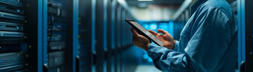 A person in a blue shirt stands in a server room, holding a tablet.
