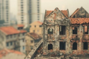 A dilapidated old building stands in contrast with modern high-rise apartments in the background, showcasing urban decay and architectural history.