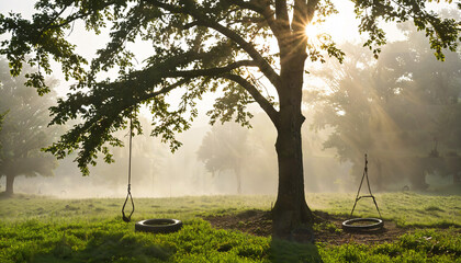 Poster - Matin brumeux avec balançoire en pneu sous un arbre