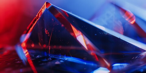 extreme macro photo of clean TRIANGLE polished glass, edges with light blue, red, white colors, blurred, warmcore, light red and indigo, grey background, natural colors, depth of field, 2:1