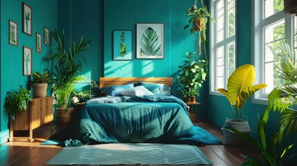 Wall Mural - A bedroom with a green color theme and a lot of plants. Generate AI image