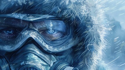Close-up of an Arctic hiker in fur hood and frosty goggles, braving a blizzard, Ice Age-themed, retro painting style, blues and whites