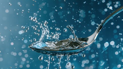 Poster - A spoon is in a glass of water with a splash of water on it. Generate AI image