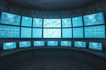 A high-tech control room with multiple screens displaying data and security feeds, representing advanced technology and surveillance.