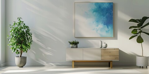 Describe a stylish minimalist room with a sleek chest of drawers, a vibrant green houseplant, and a modern abstract painting on a pristine white wall.