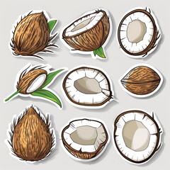 Wall Mural - Collection sticker of coconut, white background, vector illustration