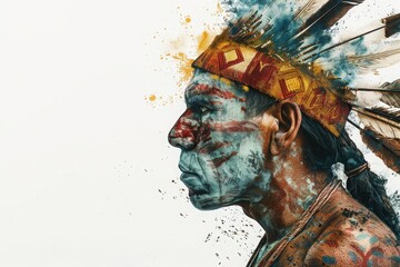 Vibrant painted portrait of a Native American man with traditional headdress, showcasing rich cultural heritage and artistic expression.