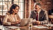 © N7 - Financial Planning Session: A financial planner and a client discussing strategies over a document-filled table, focusing on personal finance and investment.