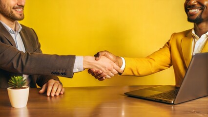 Business Partner Handshake: Two business partners shaking hands over a desk, symbolizing agreement, partnership, and mutual success in a startup.	
