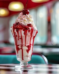 Cherry Topped Strawberry Sundae in Retro Diner