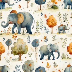 Elephants in forest, seamless pattern, small scale pattern, hand drawn flat art, watercolor, clean illustration, white background 