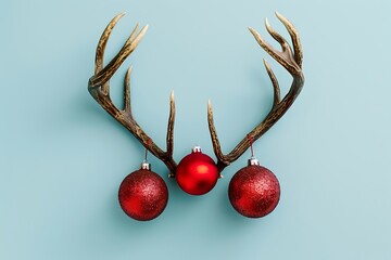 Poster - deer antlers and red christmas balls on a blue background