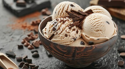 Wall Mural - bowl of rich chocolate chip ice cream with chocolate shavings, dark rustic background, scattered cocoa beans
