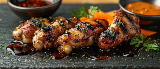 Wall Mural - Close-up of Grilled Chicken with Sauce and Carrot