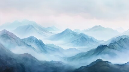 Misty mountain landscape, serene and tranquil atmosphere