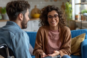 Wall Mural - A young man in his 30s, wearing glasses, sitting on a blue couch at home, a mixed-race woman in a pink shirt. The smiling couple stood next to their wheelchairs talking