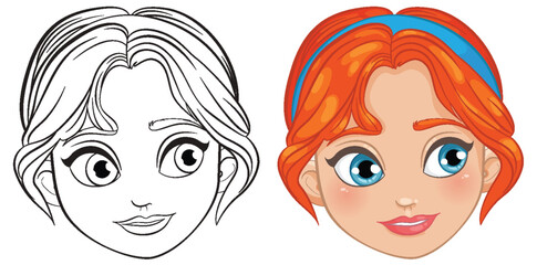 Wall Mural - Illustration of a girl's face, colored and outline