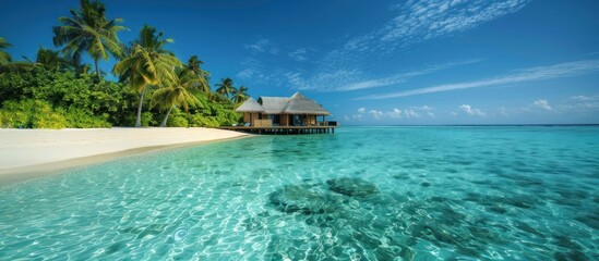 Wall Mural - Tropical Paradise: Beachfront Bungalow with Crystal Clear Waters