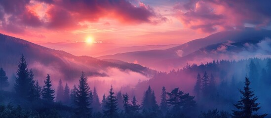 Wall Mural - Mountainous Landscape at Sunset with a Foggy Forest