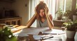 © Vanessa - Distressed young Caucasian woman managing household finances with bills and calculator at dining table under natural light, financial stress concept.4k wallpaper, bankruptcy, family, unemployment