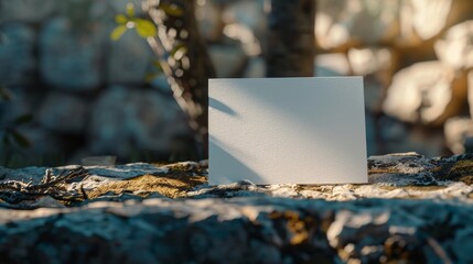 Wall Mural - Blank white card on a mossy stone with blurred background, sunlight and shadows, nature and tranquility concept