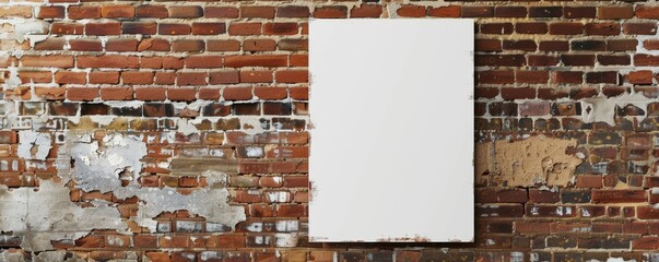 White blank poster on old brick wall with peeling paint, urban grunge background. Advertising and marketing concept