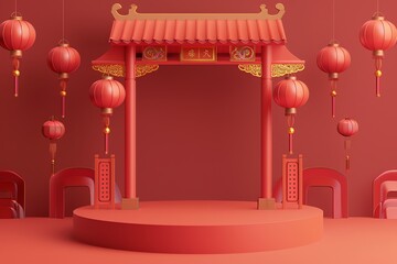 stage for chinese new year, highresolution, isometric, red and gold, black background, high quality, minimalism, flat designedge light, outline , gold, 16:9